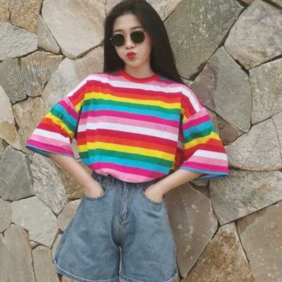 INS Hot Sale Rainbow Color Women Causal Summer Fashion Loose T Shirt Tops