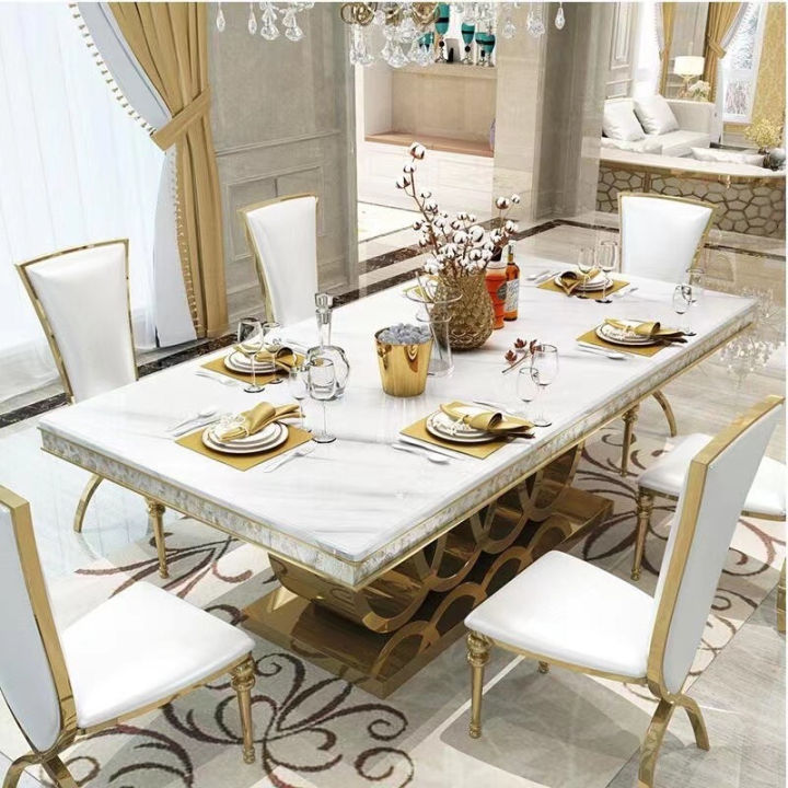 dt48-92-โต๊ะรับประทานอาหารท็อปหินอ่อนสีขาวขาวงกลมสีทอง