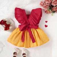 1-4years Toddler Girls A-Line Dress Flying Sleeve Pleated Hem Contrast Color Summer Dress For Girls  by Hs2023