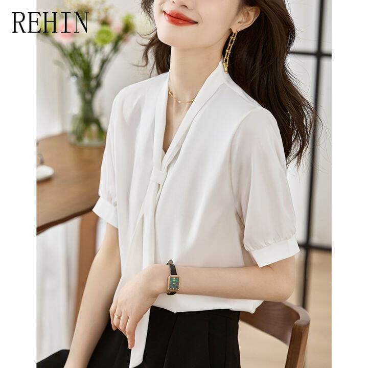 rehin-เสื้อสตรีมเมอร์ผ้าซาตินแขนสั้น-เสื้อลำลองผ้าซาตินใส่ได้หลายโอกาสสีทึบแฟชั่นสไตล์เกาหลีแบบใหม่ฤดูร้อน