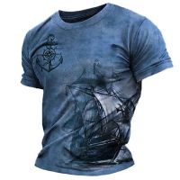 Vintage Mens Short Sleeve Shirt Compass Print T-shirt Nautical Tops Summer O-Neck Sweatshirt Tees Designer Daily Mens Clothing