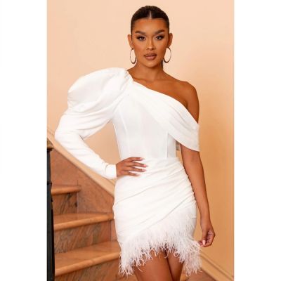 ♈✺✸ White Women Dress Chic Feather Sling Slanted Shoulder Irregular Pure Color Sexy Dress Evening Party Club Elegant Bodycon Robe