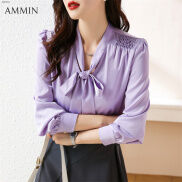 AMMIN Áo Sơ Mi Dáng Rộng Thắt Lưng Nơ Tím Ghép Ren Thời Trang Và Thanh