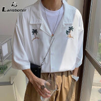 Lansboter เสื้อเชิ้ตแขนสั้นสำหรับผู้ชาย,เสื้อทรงหลวมพิมพ์ลายเสื้อเชิ้ตลำลองวินเทจ