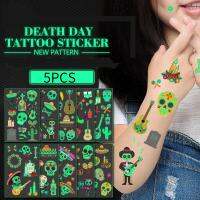 5PCS Mexico Day of The Dead Luminous Tattoo  Sticker Childrens Cartoon Waterproof Guitar Skull Sticker Tattoo Sticker Stickers