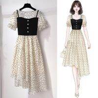 COD DSTGRTYTRUYUY Summer New Style Floral Dress Women Irregular Puff Sleeve Stitching Fake Two-Piece Suspender Skirt