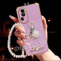 เคสโทรศัพท์สำหรับ OPPO Reno10 Pro Plus Pro + A78 4G 5G 2023ใหม่ประดับเพชรรูปกระต่ายดอกไม้อังกฤษ + สร้อยข้อมือแบบแขวนเคสฝาหลังสำหรับผู้หญิง A78 OPPO Reno 10 10Pro