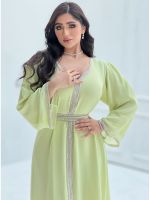 [COD] Arabic Evening Dresses Beaded Trimming Belted Abaya Ramadan Muslim Kaftan