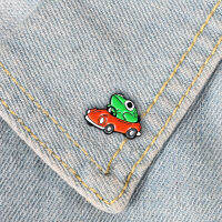 Cartoon Animal Green Frog Driving Red Car Brooch Cute Enamel Funny For Children Backpack T-shirt Pins Badge Personality Jewelry2023