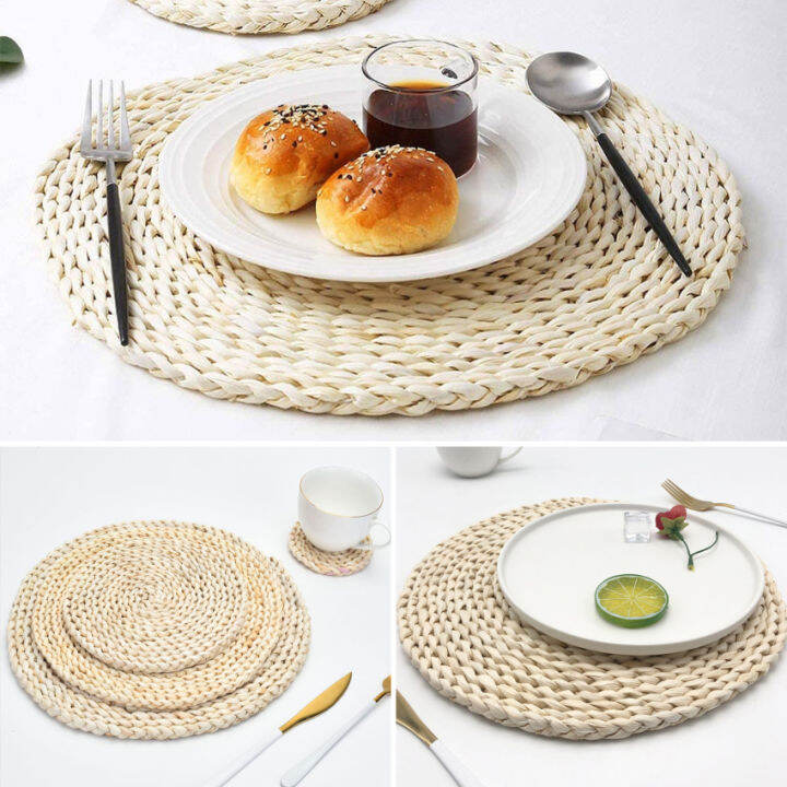 Round Natural Handmade Corn Straw Husk Woven Placemat Braided Rattan