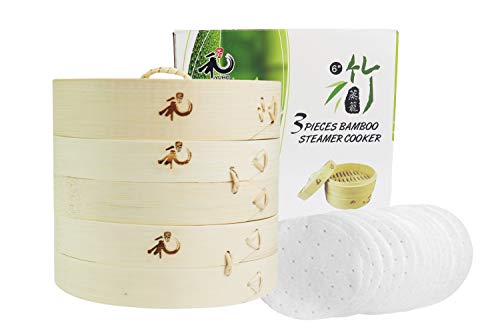 Perfect For Steaming Dumplings Fish Meat Inch Yuho Asian Kitchen Bamboo Steamer 12 10 Parchment Liners Rice 100% Natural Bamboo 2 Tiers & Lid Vegetables Healthy Lifestyle Individually Box 