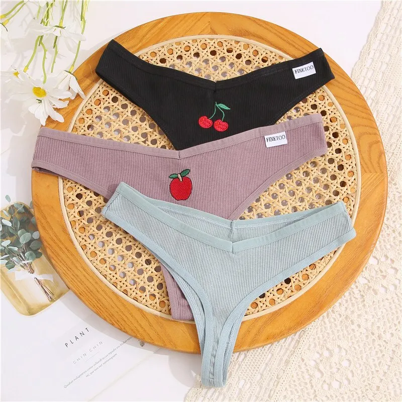 Cheap 3PCS Cotton Embroidery G-string Women's Panties Sexy Cherry Underwear  Women Solid Color Panties Female Underpants M-XL