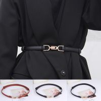 Womens Leather Skinny Belt for Dress Adjustable Thin Waist Belt Dress Belt with Vintage Gold Buckle Faux Leather