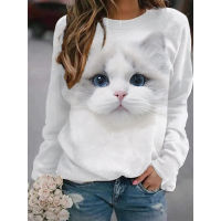 【CW】Fashion Kawaii Kitten Sweater For Girls Round Neck Loose Cotton T-shirt Top New Casual Womens Clothes T Shirt Female Pullover
