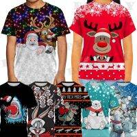 Christmas Boys T-shirt Kids Elk 3D T-shirt Clothes Cartoon Unisex Boys Girls Short Sleeve Round Neck Summer Shirt