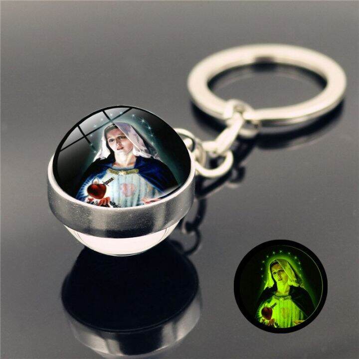 virgin-mary-luminous-keychain-pendant-double-sided-glass-ball-keychain-metal-keyring-luxury-brand-keychain-key-chains