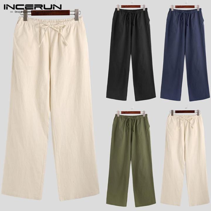 cotton-liean-incerun-กางเกงลำลองผู้ชายเอวยางยืดหลวมกางเกงขายาว-yoga-beach-ขนาดบวก
