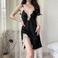 Retro 23 New Style Nightgown Womens Sexy Lace Push-Up With Chest Pad Satin Temptation Beautiful Back Split Sling Pajamas