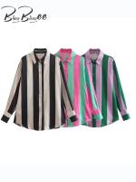 BlingBlingee Spring 2023 Women Loose Satin Shirt Traf Vintage Long Sleeve Curved Hem Oversized Striped Blouses Female Chic Tops