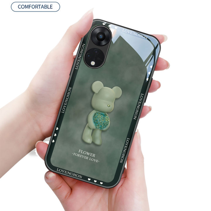 oppo-reno-เคสโทรศัพท์8t-5g-ฝาปิดเคสกระจกนิรภัยลายหมีลูกบอลลายดอกไม้น่ารักสำหรับเลนส์กล่องกันกระแทกป้องกันกล้องพร้อมสายคล้องสายคล้องมือหัวใจน่ารัก