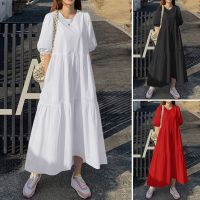 COD SDFGERTYTRRT ZANZEA Women Loose Puff Sleeve Swing Solid Color Long Dress