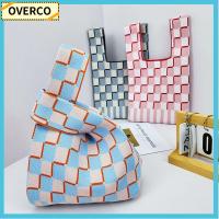 OVERCO ถักนิตติ้ง กระเป๋าถือแบบถือ ตาข่ายตาข่ายตาข่าย ข้อมือปมข้อมือ ถุงเก็บสัมภาระ เล็กๆน้อยๆ งานทำมือ กระเป๋าโท้ท ของผู้หญิง