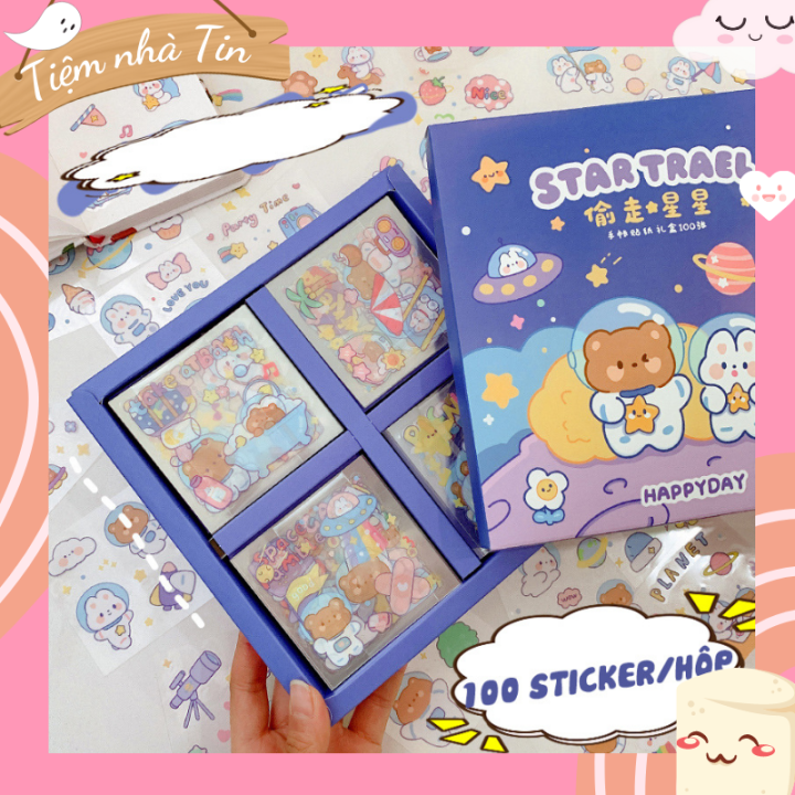 Sticker cute trang trí sổ tay, điện thoại, Set 100 tấm sticker ...