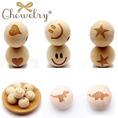 ♂☒ DIY 10 ชิ้นลูกปัดไม้พิมพ์ลูกปัดไดโนเสาร์ลูกบอลธรรมชาติรอบ Spacer 20 มิลลิเมตรสีธรรมชาติยางกัดเด็กไร้สารตะกั่วลูกบอลไม้