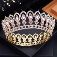 Tiaras มงกุฎสำหรับเจ้าสาวงานแต่งงานราชินีชั้นหนึ่งสีชมพูรัดเกล้าประดับผมเจ้าสาววงกลมเจ้าหญิงทรงกลมเครื่องประดับยางรัดผมน่ารัก