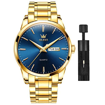 OLEVS Mens Gold Watches Analog Quartz Business Dress Watch Day Date Stainless Steel Classic Luxury Male Wrist Watches Waterproof Luminous Gold Strap Blue Face