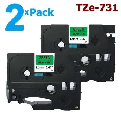 2 Pack 12mm Tze-731 Black on Green Label Tape for Brother PTouch 8M Length TZe731 Tze 731 Compatible with P-Touch Labeler Label Maker Printer/ Labeling Tool System, Laminated Sticker Ribbon Lettering Print Cassette