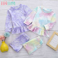 Baby Girls Two Piece Pyjamas Sets Cotton Tie Dye Print Pajamas Set Long Sleeve Ruffle Tops with Pants Set Sleepwear Loungewear