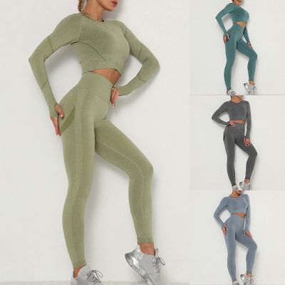 Womens Sets Skinny Tracksuit Breathable Bra Long Sleeve Top Seamless Outfits High Waist Push Up Leggings Gym Clothes Sport Suit