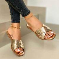 【CC】❧  Slippers Beach Shoes on Gold Flat Slides 2021 New Outdoor Female Sandals Size