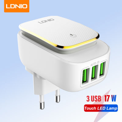LDNIO สวิตช์ไฟ LED แบบสัมผัสเครื่องชาร์จ USB 17W ที่ชาร์จสำหรับเดินทาง USB 3ช่องพร้อมหลอดไฟ Led กลางคืนสำหรับเครื่องชาร์จติดผนังไอโฟนหัวเหว่ย