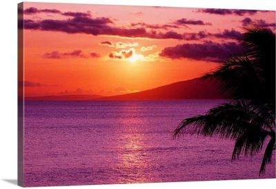 ฮาวาย Maui พระอาทิตย์ตกดินเขตร้อนด้วยต้นปาล์มพิมพ์ศิลปะบนผืนผ้าใบสำหรับติดกำแพงงานศิลปะริมชายฝั่ง