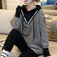 แฟชั่น Hooded Spliced All-Match Striped Blouse เสื้อผ้าผู้หญิง2022ฤดูใบไม้ร่วงใหม่ขนาดใหญ่ Casual Pullovers หลวมเสื้อเกาหลี...