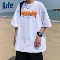 I life Store เสื้อลําลอง ผ้าฝ้าย ทรงหลวม แฟชั่นสไตล์อเมริกัน สําหรับคู่รัก พิมพ์จดหมาย เสื้อยืดแขนสั้นสําหรับผู้ชายและผู้หญิง