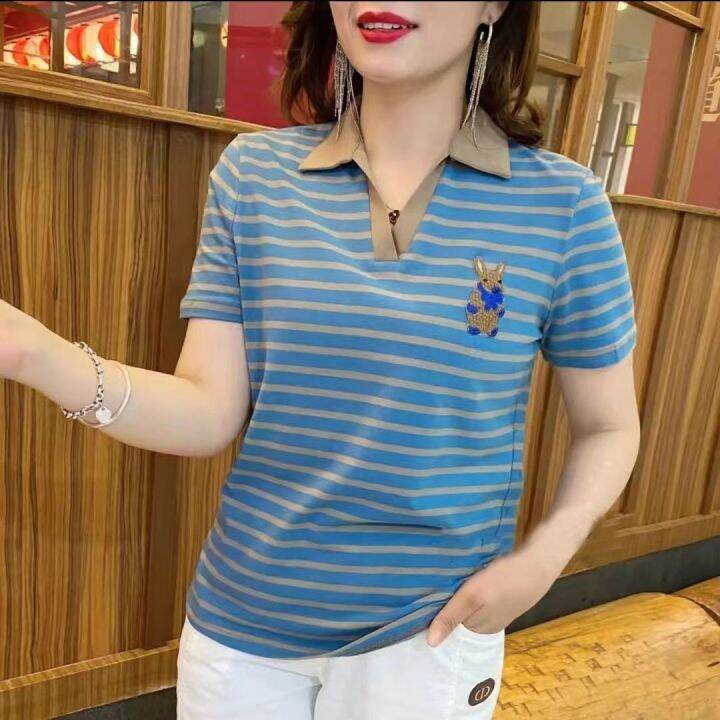 Women's Vneck Polo Shirt Casual Shortsleeved Tshirt Loose Stripes