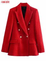 Tangada Women 2021 Fashion Red Tweed Thick Blazer Coat Vintage Double Breasted Long Sleeve Female Outerwear 3H294