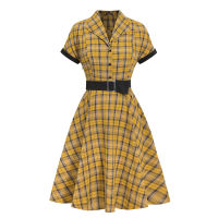 Spring Yellow British Plaid Vintage Dress Turn Down Neck Belt Short Sleeve Swing Party Robe Rockabilly 50s Retro Vestidos