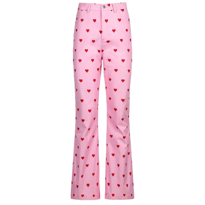 Women Harajuku High Waist Pink Pants Sweet Red Heart Print Polka Dot