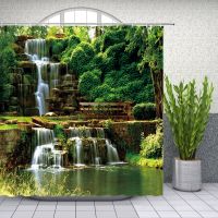 Natural Scenery Shower Curtains Waterfall Green Meadow Flower Spring Landscape Bathroom Decor Waterproof Cloth Curtain Set Cheap