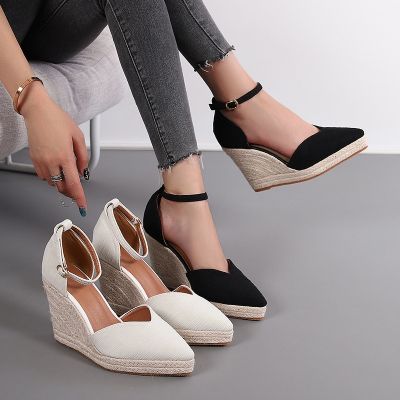 New summer pointed high-heeled sandals wedge thick bottom hollow shoes buckles straw rope bottom