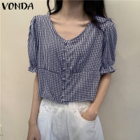 VONDA เสื้อคอวีลายสก็อตสำหรับผู้หญิง,เสื้อคอวีลายเสื้อสตรีแขนยาว (ลายดอกไม้เกาหลี)