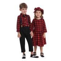 Christmas Childrens Clothing New Sister-Brother Clothes Autumn Plaid Shirt Long-Sleeved Suspender Pants Two-Piece Set Children