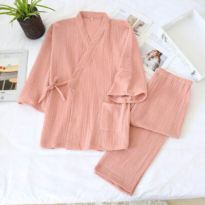 NHKDSASA Kimono Pajamas V-Neck Cotton Crepe Pijamas Women 2 Piece Set Double Layer Gauze Sleepwear Sleep Tops Men Homewear Mujer