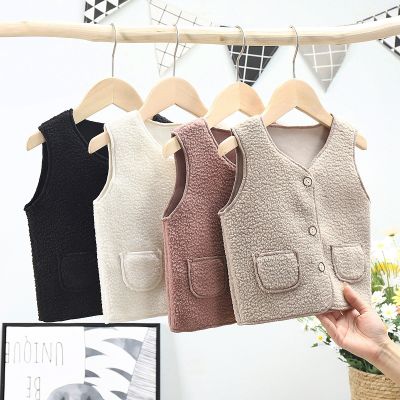 （Good baby store） Winter Thick Fleece Vest Baby Girls Boys Fashion Trendy Solid Color Outerwear New Style Design Casual Soft Cardigan Outdoor