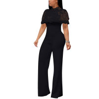 3 Colors Women Plus Size Lace Splicing Wide Leg Bodycon Jumpsuit Chic Elegant Solid Slim Overalls