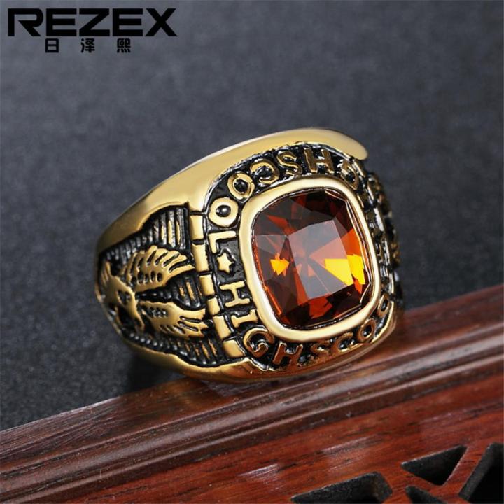rezex-เครื่องประดับนกอินทรีทองสองชั้นฝังพลอยไทเทเนียมแหวนเหล็ก